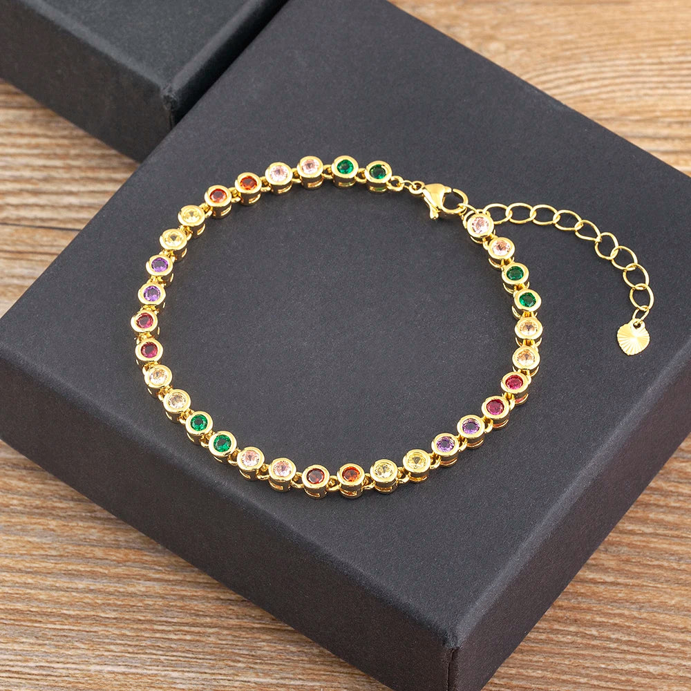QIKU Top Quality Elegant Colorful Round Rhinestone Bracelets Women Copper Zircon Fashion Crystal Jewelry Temperament Girl Gift