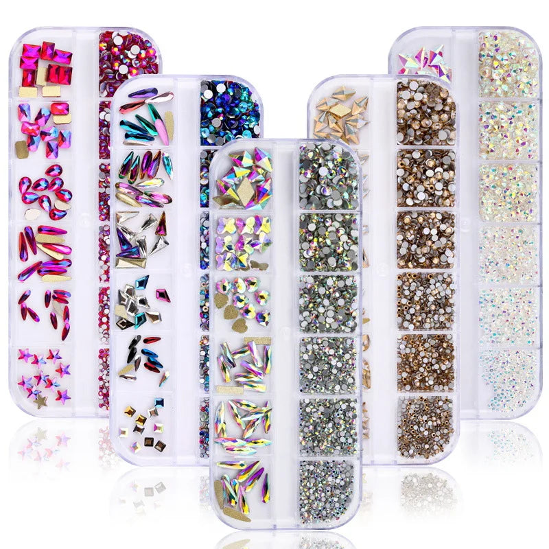 Crystal AB White Rainbow Nail Art Mix Shape Fancy Shaped in Box Flat Bottom Glass Nail Rhinestone Art Decoration Rhinestone