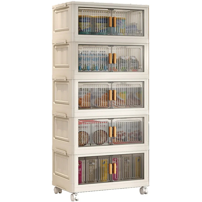 Sesame Vertical Texture Panel Plastic Storage Cabinet Double Door Large Size Cabinet With Universal Pulleys Wardrobe Organizer