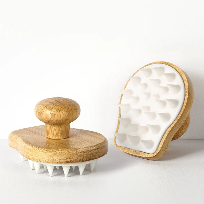 Natural Bamboo Handle Scalp Massager Hair Cleaning Brush Bath Shower Soft Silicone Shampoo Brush