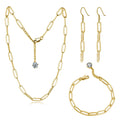 Joyeria Acero Inoxidable 14K Gold Pleated Stainless Steel Paperclip Chain Earring Bracelet Necklace Jewelry Set S544