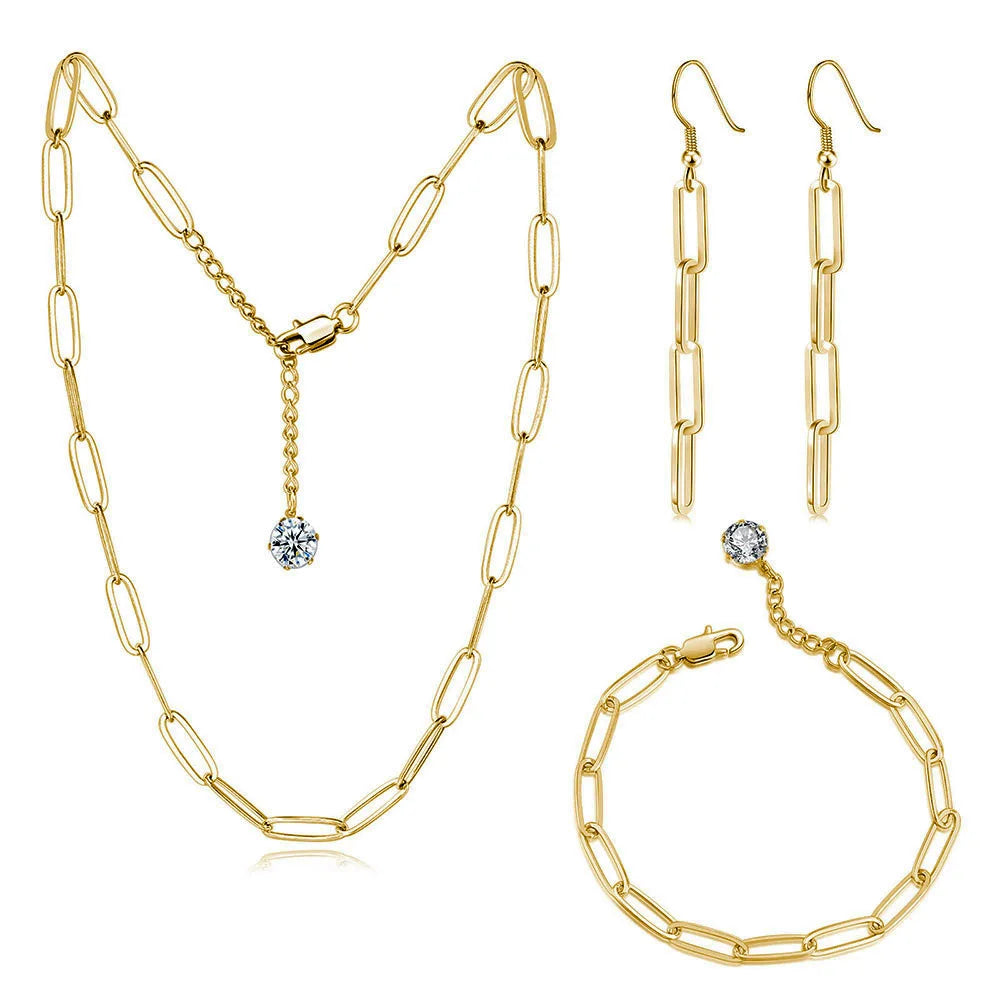 Joyeria Acero Inoxidable 14K Gold Pleated Stainless Steel Paperclip Chain Earring Bracelet Necklace Jewelry Set S544
