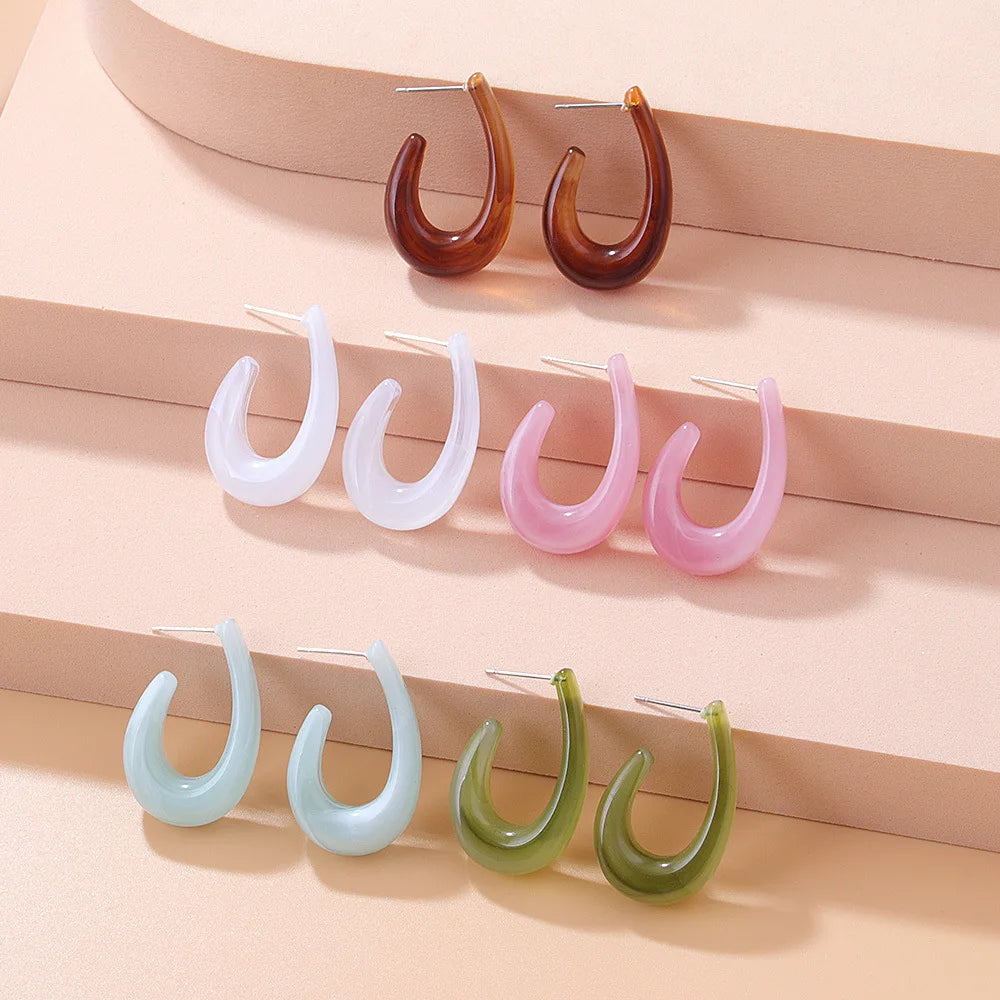 Sweet Fashion Colorful Resin U Shape Stud Earring Acrylic Geometric Hollow Round Earring for Women Girl
