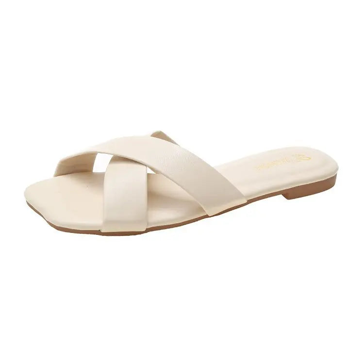 Women's Square Toe Open Toe Fashion Slippers Solid Color Trendy Women's Flats Soft Bottom Outdoor Women's Walking Casual Shoes