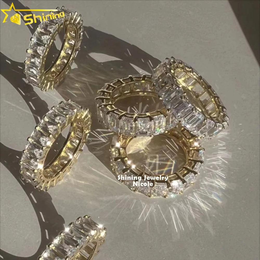 18k Gold Plated Engagement Moissanite Band Radiant Emerald Princess Cut Eternity Rings for Women