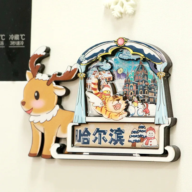 Modern 3D Wooden Harbin Elk Magnetic Sticker Heilongjiang Traveling Logo Resin and PVC Material for Fridge and Gift Use