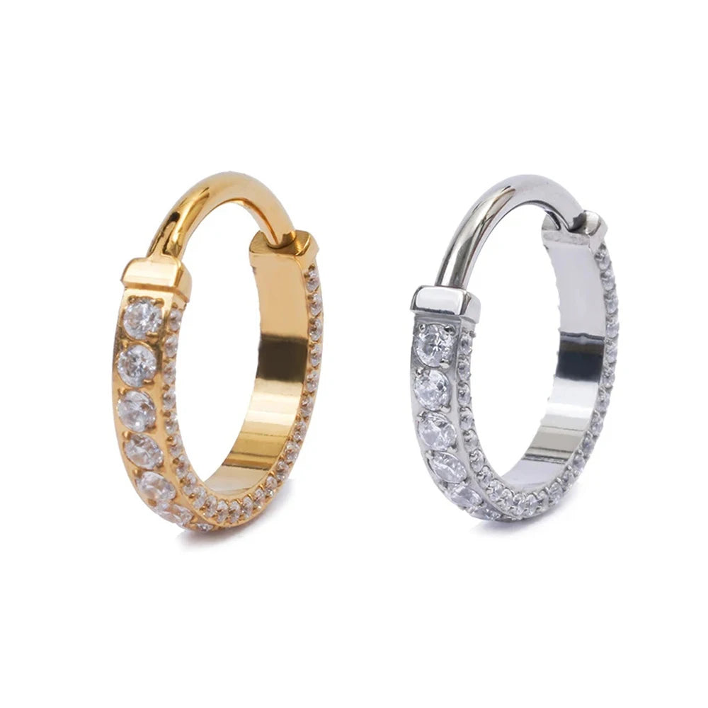 Titanium ASTM F136 Piercing Nose Hoop Earrings Earlobe Ear Nostril Conch Helix Shiny Zircon Inlay NoseWomen Luxury Body Jewelry