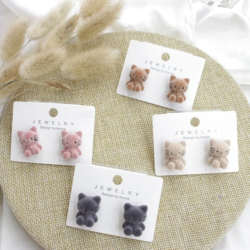 Wholesale Small Plush Stud Earrings 2025 Cute Cat Flocking Animal Minimalist Earrings for Women Girls Gifts
