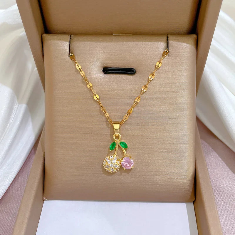 Sweet Girl Jewelry Micro Pave CZ Zircon Fruit Necklace Real 18k Gold Plated Watermelon Pineapple Cherry Zirconia Necklaces