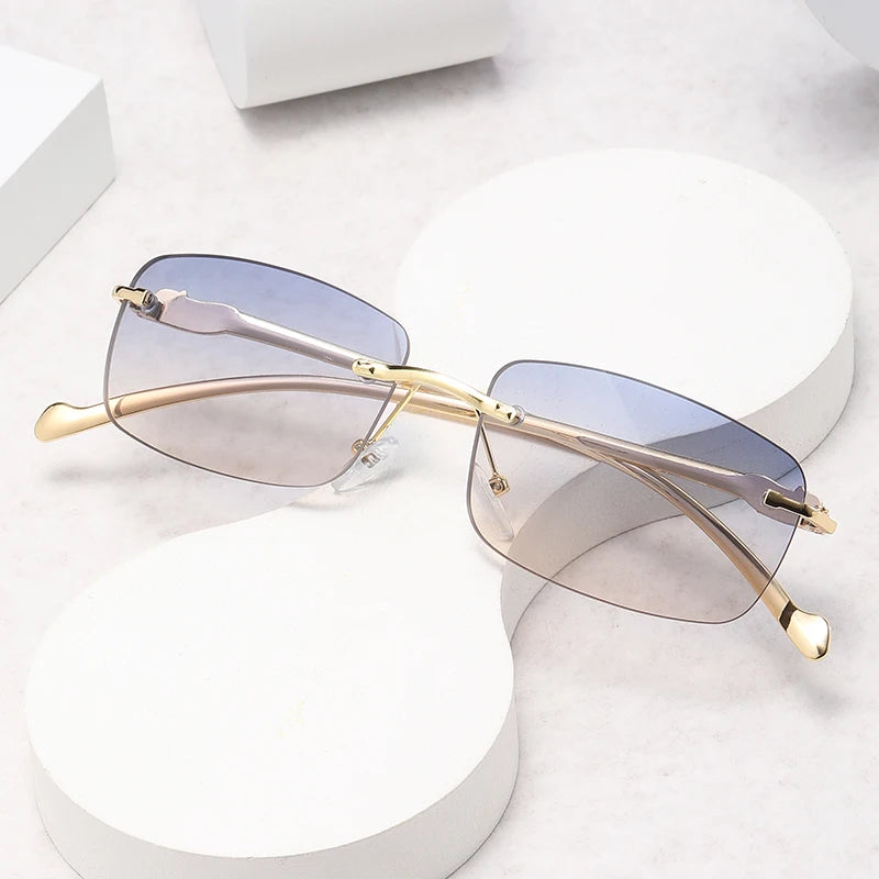 Women's Trendy Custom Logo Sunglasses Classic Rimless with Luxury Gold Metal Frame Newest Trendy Custom Sunglasses