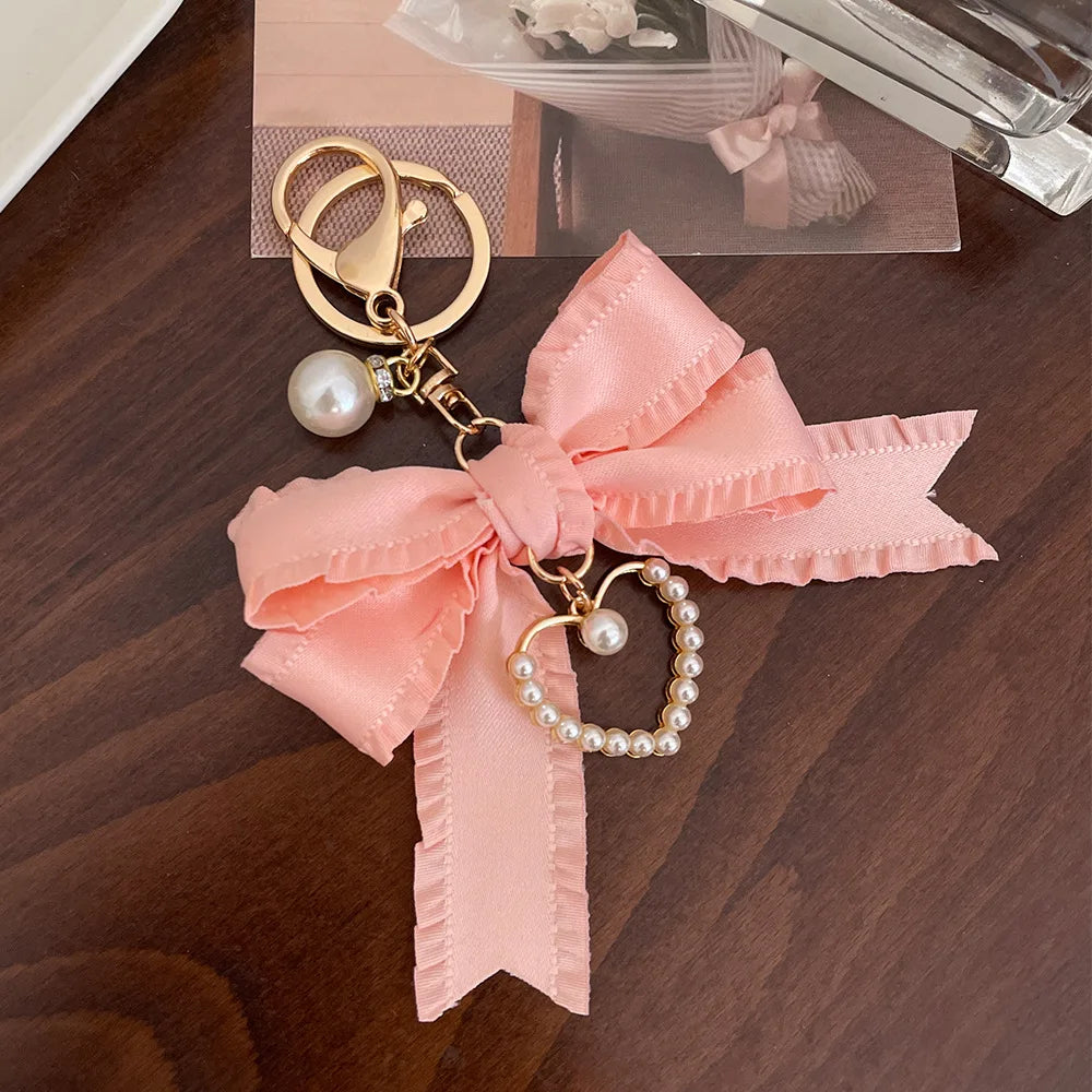 New Pleated Ribbon Bow  Heart Keychain Key Ring Bag Pendant Mobile Phone Pendant Women Car Key Holder Car Accessories