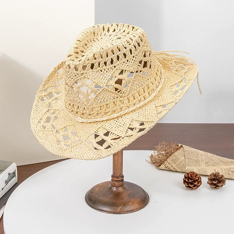 New Trend Natural Handmade Weave Straw Cowboy Hat for Women Western Beach Cowgirl Hat Wide Brim Sun Straw Hat for Holiday