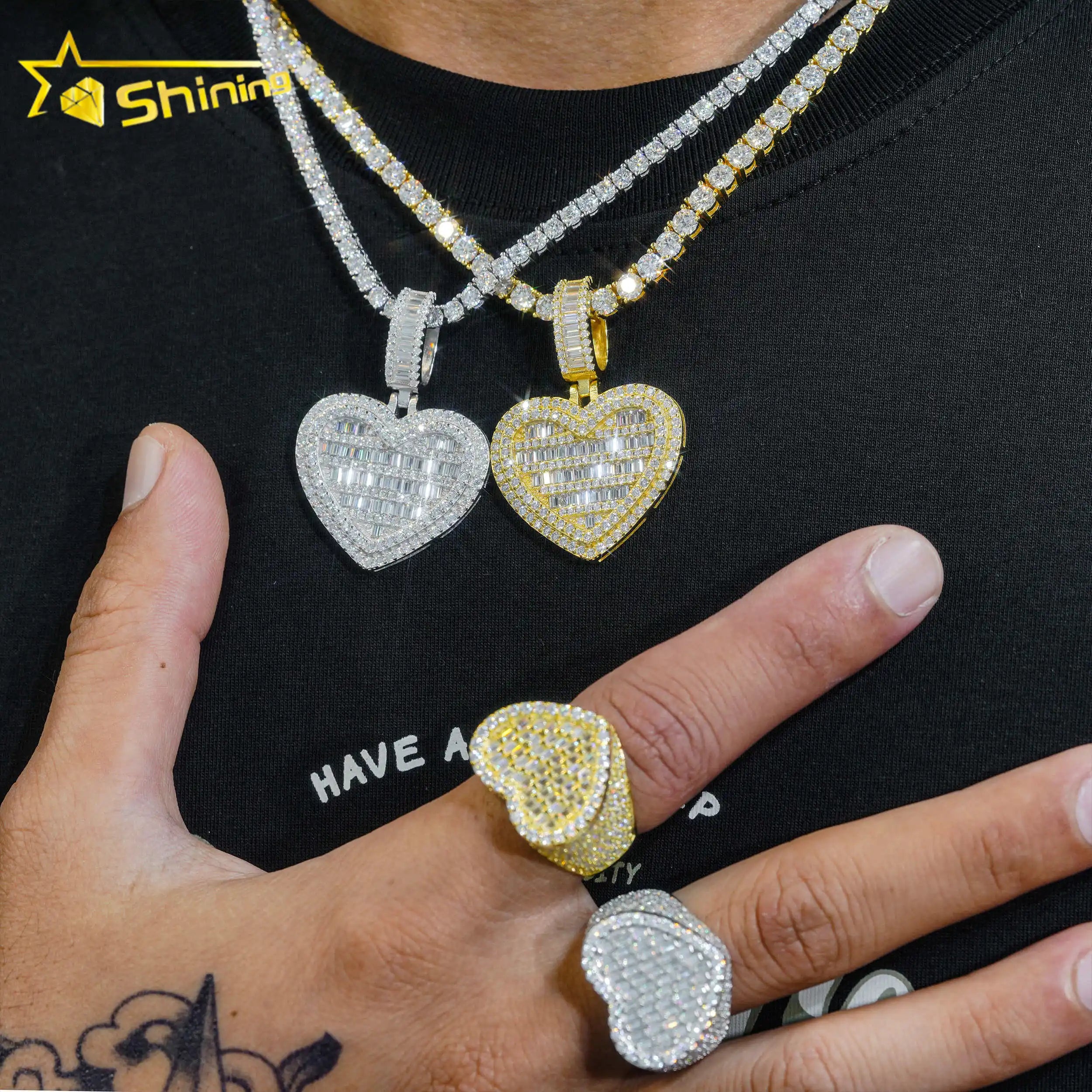 Factory Hip Hop Moissanite Jewelry Heart Shape Rings 925 Sterling Silver baguette Diamond Pendants Earrings Fine Jewelry Set