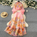 LW0575 2025 Spring Ladies' Holiday Style Stand Collar Lantern Sleeve Slim Shirt High Waist Long Skirt