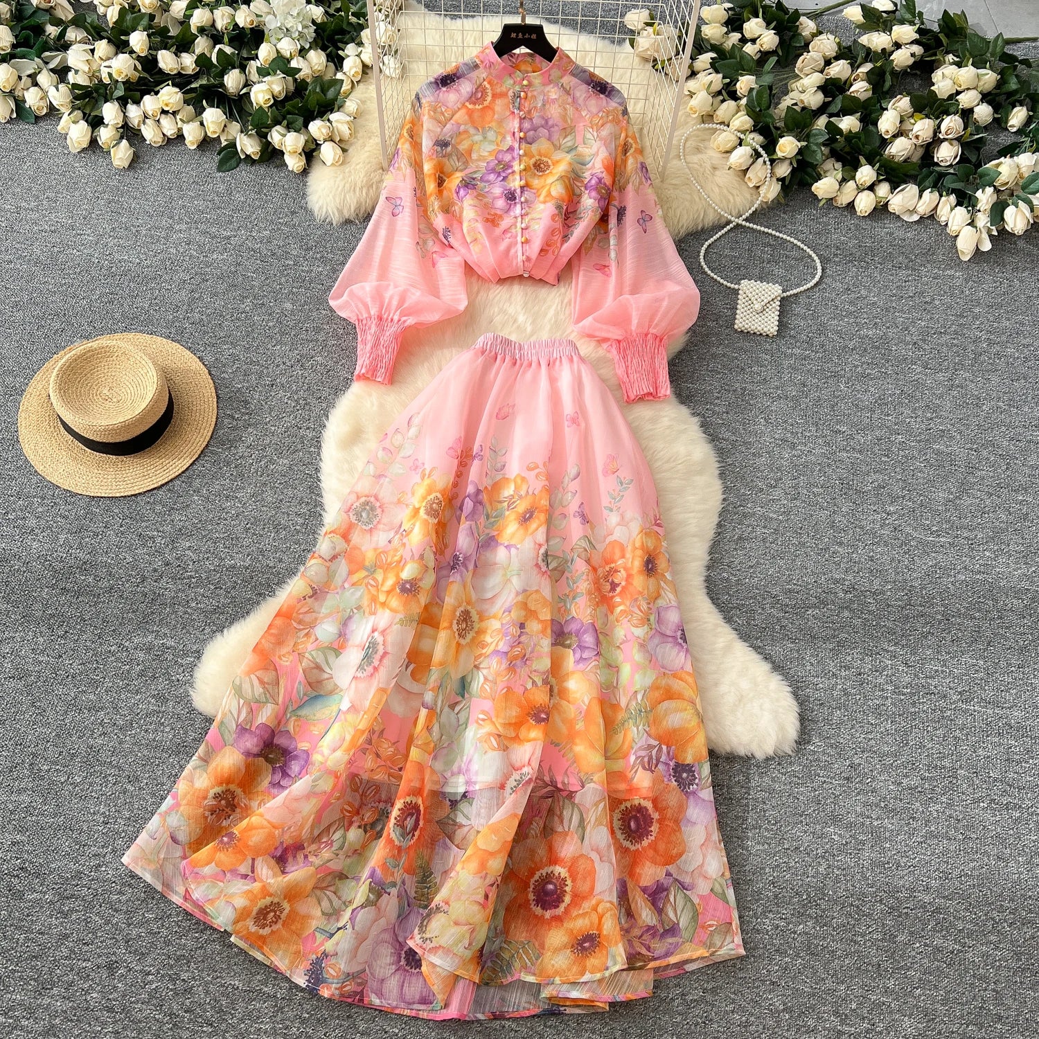 LW0575 2025 Spring Ladies' Holiday Style Stand Collar Lantern Sleeve Slim Shirt High Waist Long Skirt