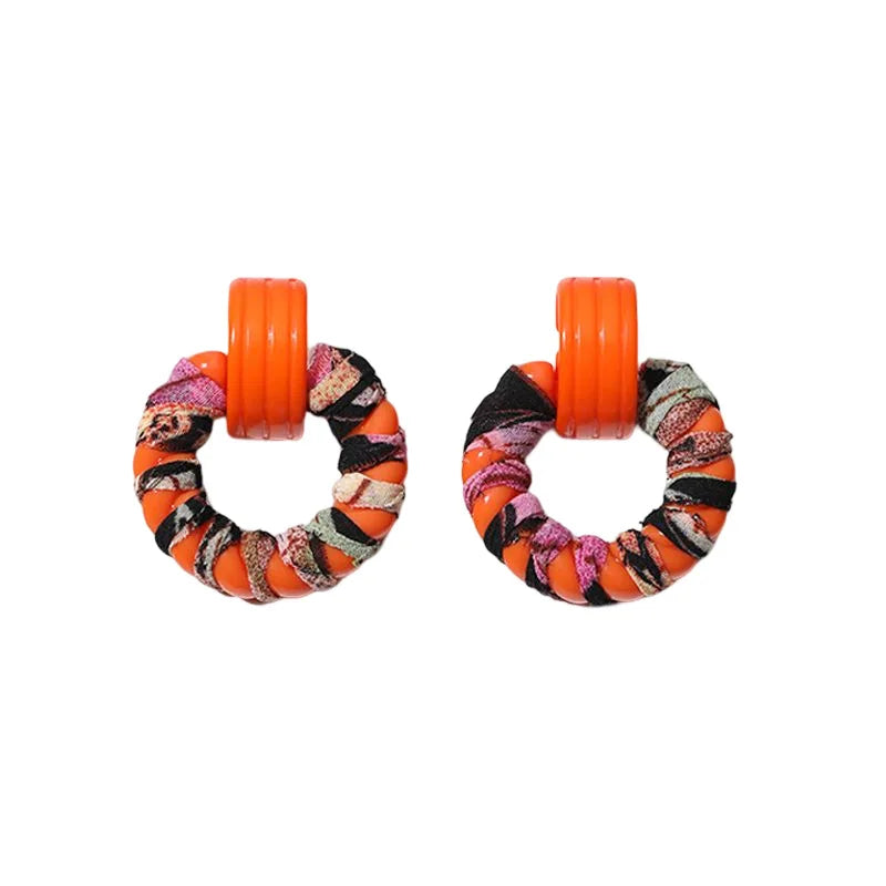 Wholesale Bohemian Style Handmade Colored Flower Wrapped Vloth Sweet Girl Acrylic Round Stud Earrings 2025