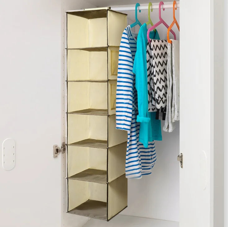 Custom Wholesale Eco-Friendly Fabric Foldable 6-Shelf Closet Hanging Storage Shelves with Hooks & Rails Closet Organizer