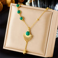 New Arrival Tarnish Free 18k Gold Plated Stainless Steel Natural Malachite Stone Tassel Necklace for Women Jewelry