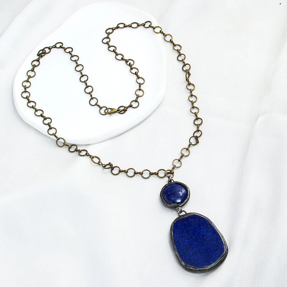 Fashion Women Bronze Flat Punk Circle Chain Necklace Square & Drop Stone Amazonite Crazy Agate Pendant Necklaces