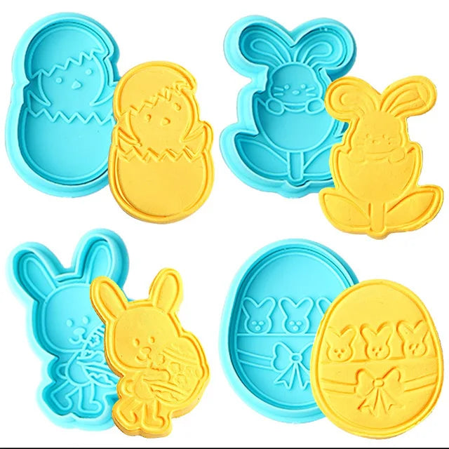 4Pcs DIY Easter Bunny Plastic Baking Mold Easter Egg Biscuit Cookie Cutter Plunger Fondant Cake Tools
