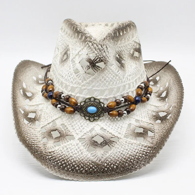 Wholesale Summer Sombreros Beads Decoration Hollow Out Printed Paper Straw Ombre Western Cowboy Hats for Women Men Beach Surfing