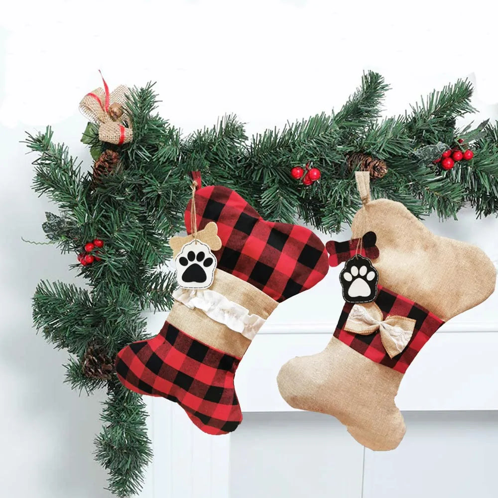 Christmas Decorations Burlap Dog Bone Shape Paw Buffalo Plaid Red Christmas Hanging  Stockings