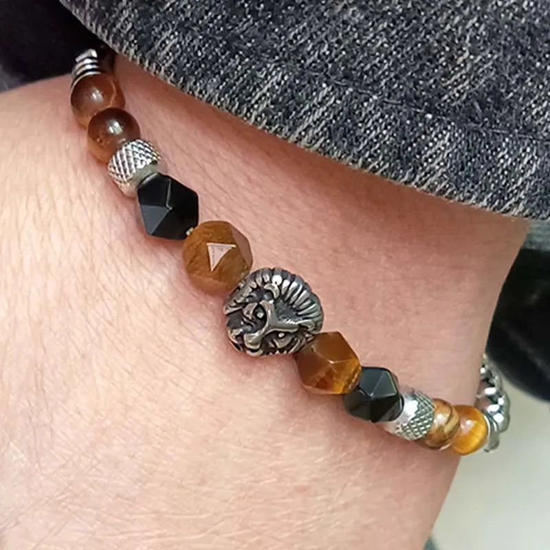 Wholesale Stainless Steel Titanium Gemstone Beads Jewelry Charm Natural Stone Tiger Eye Bead Men Bracelet