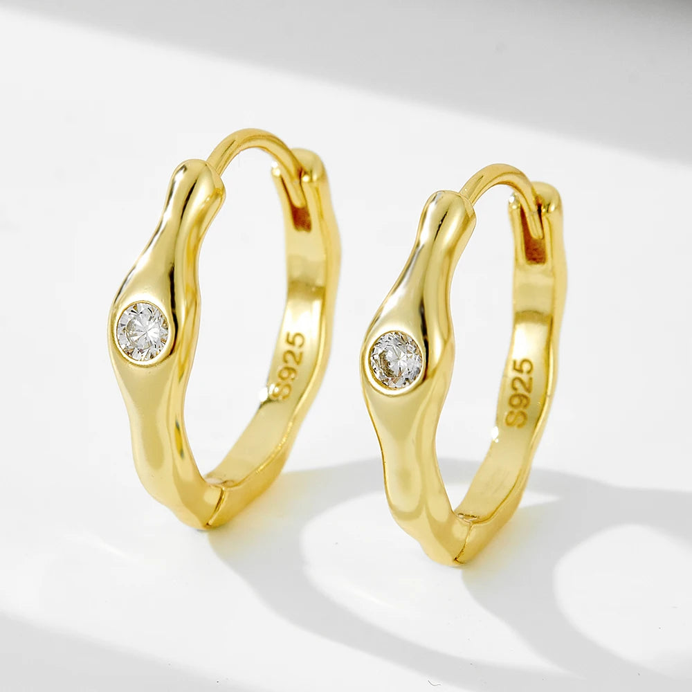 Simple Vintage 14k Gold Vermeil 925 Sterling Silver  Irregular Bezel Setting Cubic Zirconia Huggie Hoop Earrings for Women