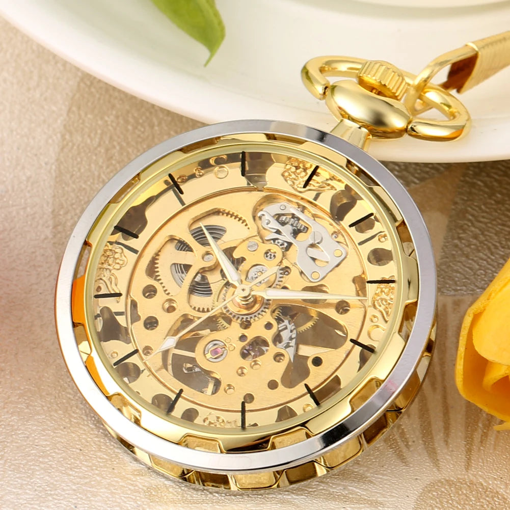 Vintage Silver Gold Fob Chian Clock Steampunk Hand Wind Transparent Open Face Mechanical Pocket Watch for Men