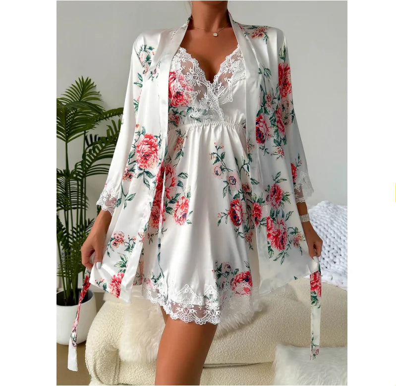 Sexy Printed Satin Stitching Lace Comfortable Suspender Nightgown Nightgown Two-piece Home Service Suit SML