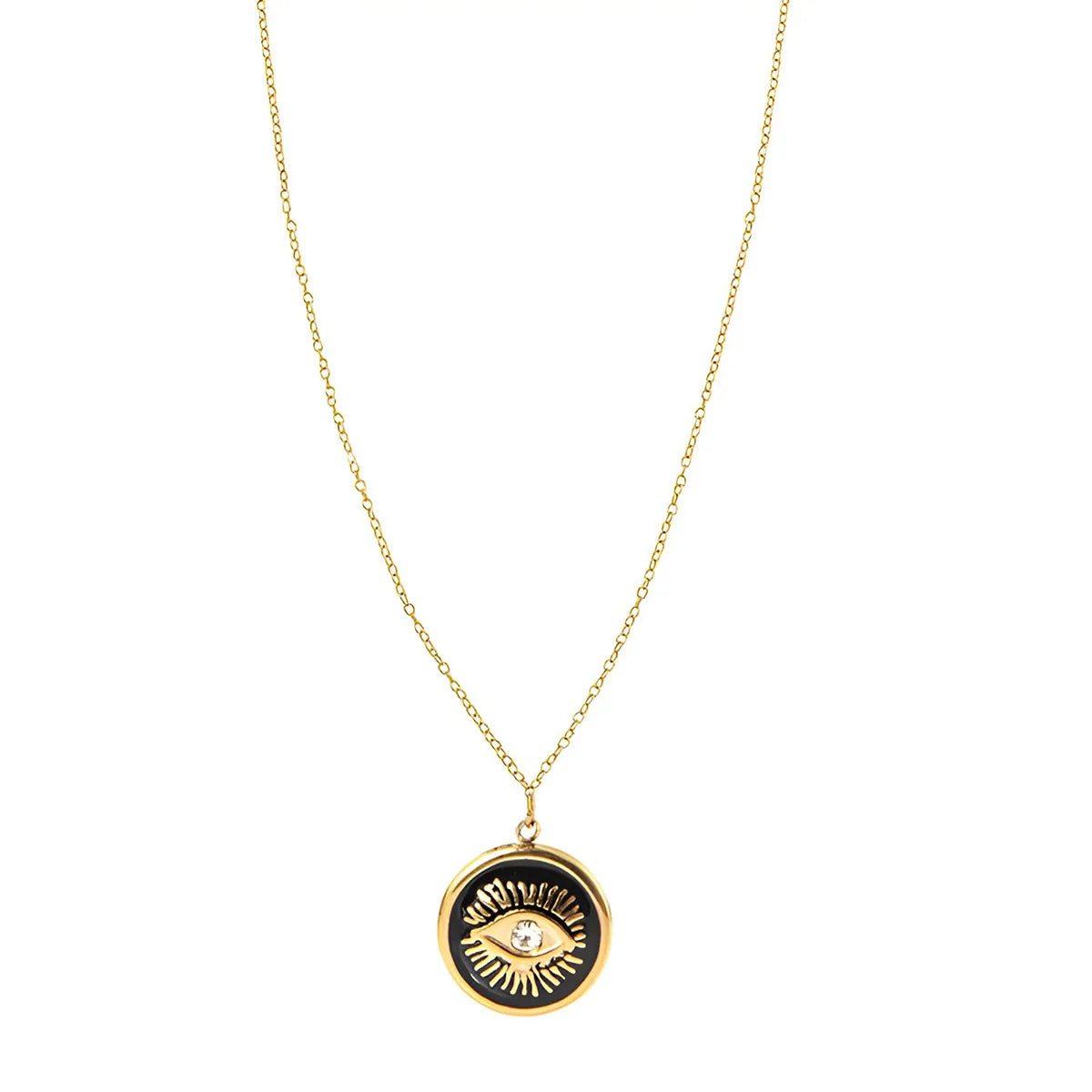 Fashion Trendy Gold Plated Enamel Blue Black Stainless Steel Round Crystal Evil Eyes Necklace for Women