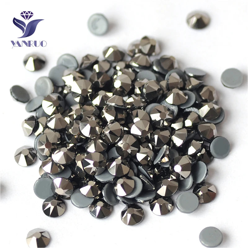 YANRUO Hematite 16 Facet Glass Hotfix  Rhinestone Hotfix Glass