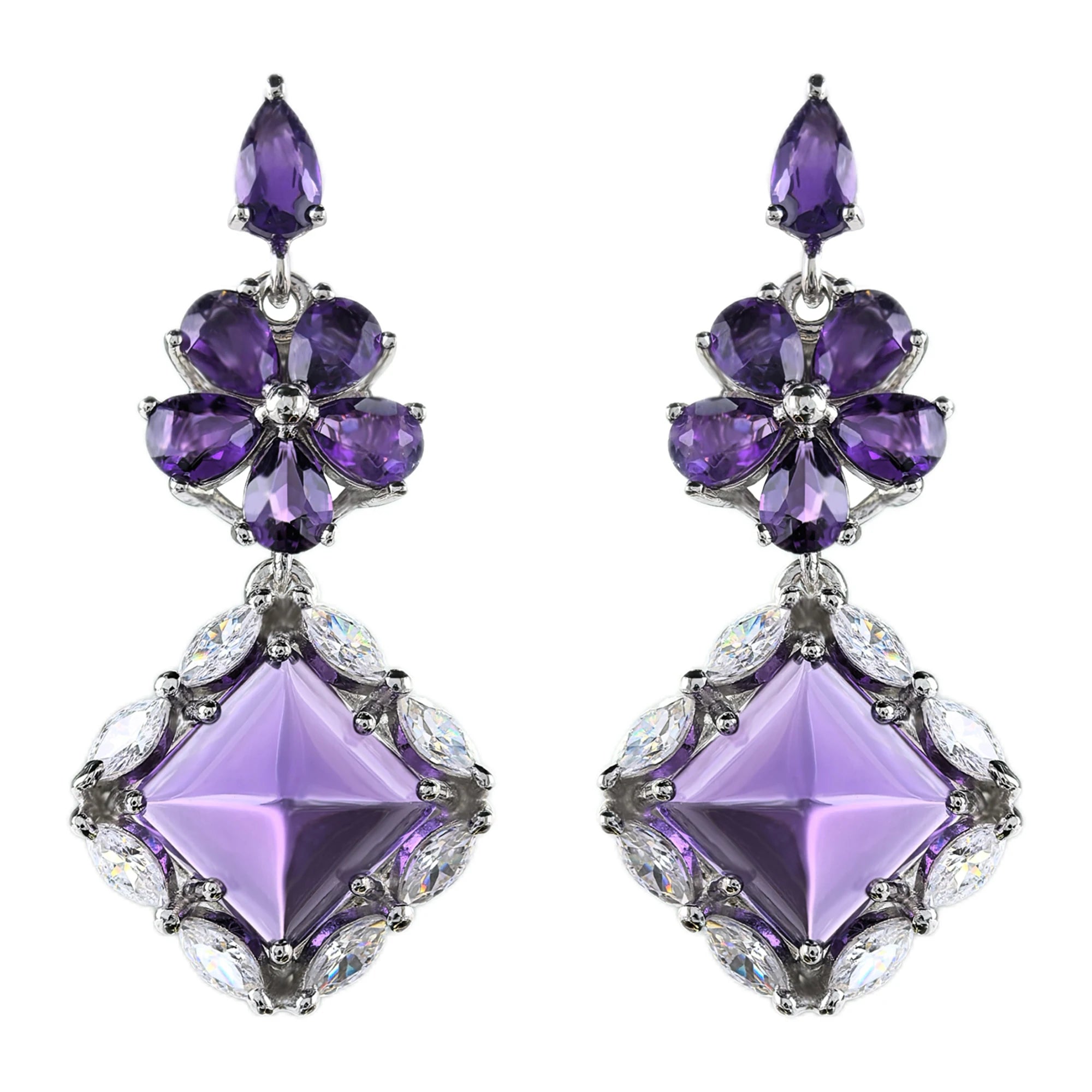 Elegant Rhodium Plated 925 Silver Jewelry Natural Amethyst Drop Earrings for Women Birthday Gift Party Wear