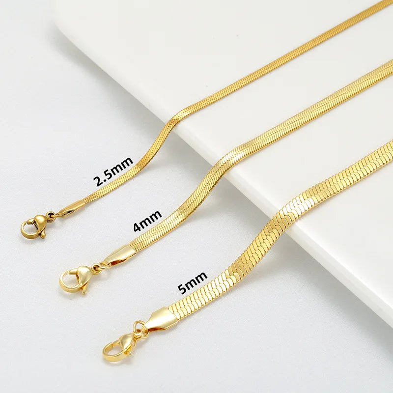 18k Real Gold Plated Flat Snake Chain Herringbone Choker Necklace 2.5mm 4mm 5mm Chain Necklaces for Women Men