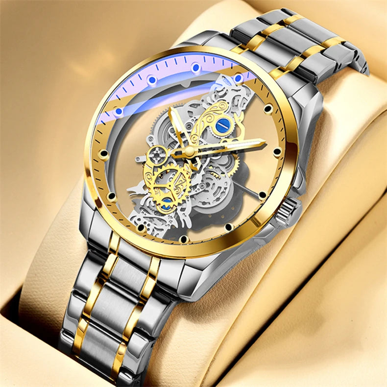AliExpress Popular TIGERAO Men Watch Fashion Skeleton Quartz Wristwatch Waterproof Stainless Steel Watches Luxury Gold Men Clock