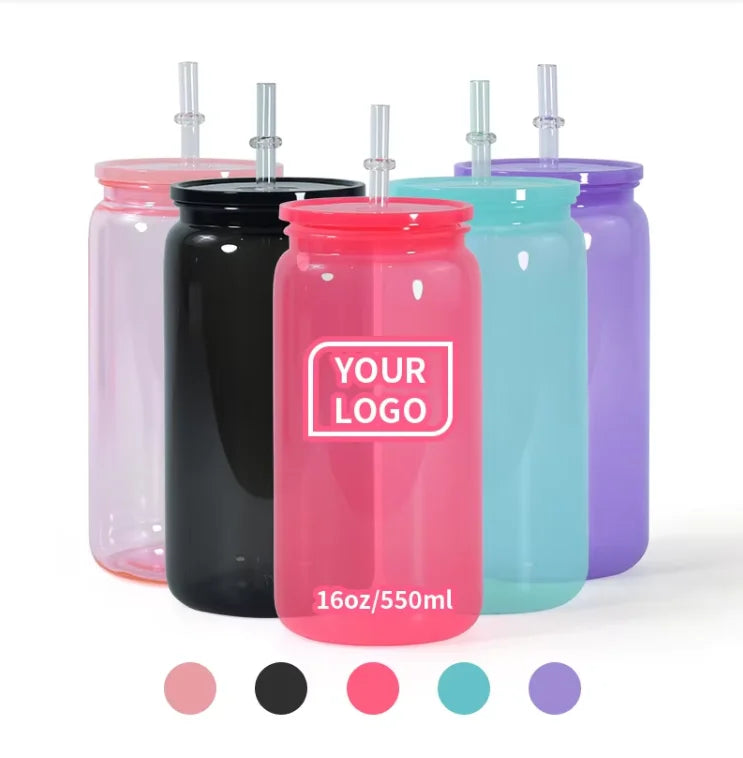 16oz Solid Color Plastic Acrylic Libby Beer Glass Shaped Jar Can With Colorful  Lid for Summer Gift DIY