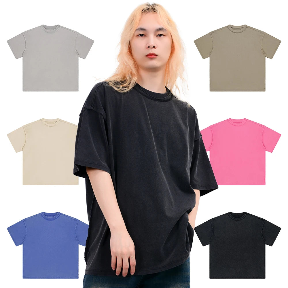 High Quality Men's Vintage Streetwear Customized Design Branded Cotton Loose Washed Raw Hem Unisex T-Shirt Custom Logo Print