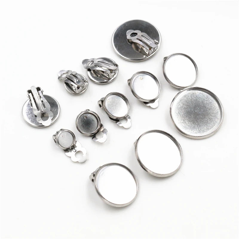 6/8/10/12/14/16/18/20mm Stainless Steel DIY Earring Clips Base Cameo Bezels Tray for Ear Jewelry Supplies Accessories