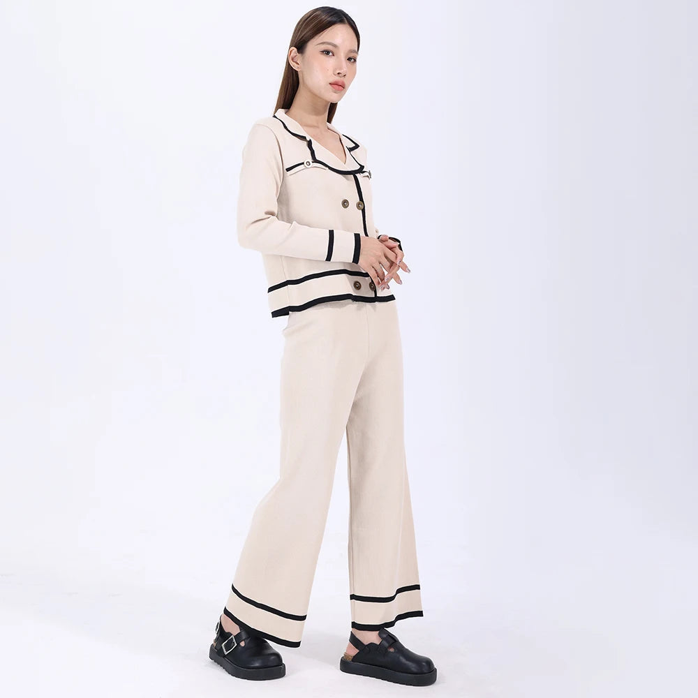Women's Loose Knit Set Oversize Solid Color Cardigan and Wide Leg Pants Knit Cardigan Trousers Two-piece Set for Women