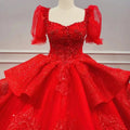 New Red Long Trailing Wedding Dress Bride Wedding Floor-Length Puff Sleeve Wedding Dress Wn034
