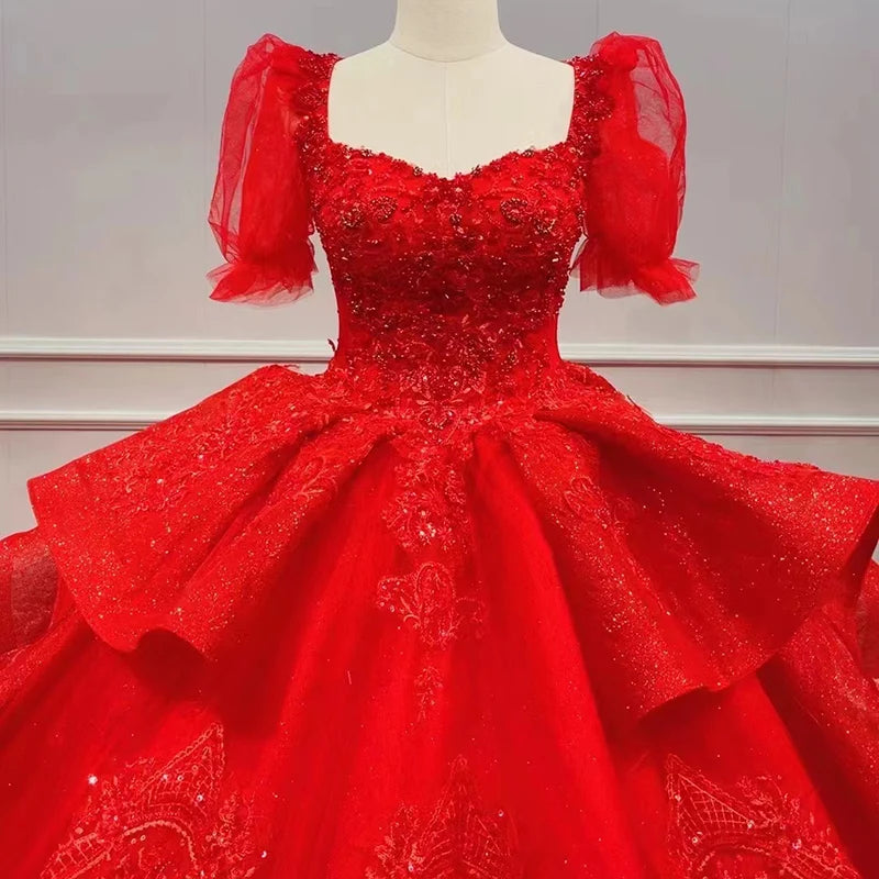 New Red Long Trailing Wedding Dress Bride Wedding Floor-Length Puff Sleeve Wedding Dress Wn034