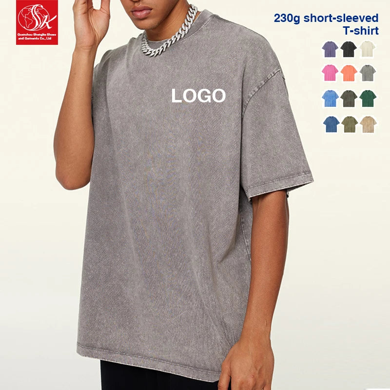 SK Fried Unisex Vintage 100% Cotton Crewneck Short-Sleeve Oversized T-Shirt Heavy-Duty Knitted O-Neck Solid Printed Blank
