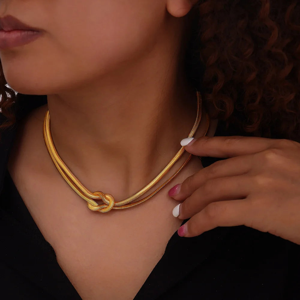 Joolim 18K Gold Plated Double-Layer Snake Link Chain Necklace Trendy Classic Style Fashion Jewelry Wholesale Bracelet Set