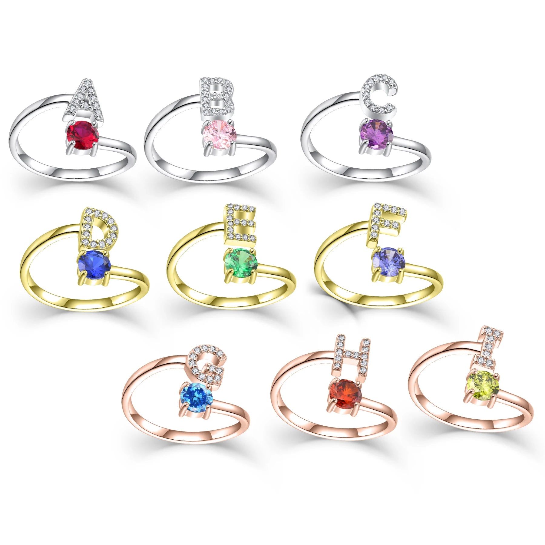 Exquisite Luxury Multicolor Zircon Gemstone Alphabet Ring Engagement Anniversary Open Birth Stone Letter Rings