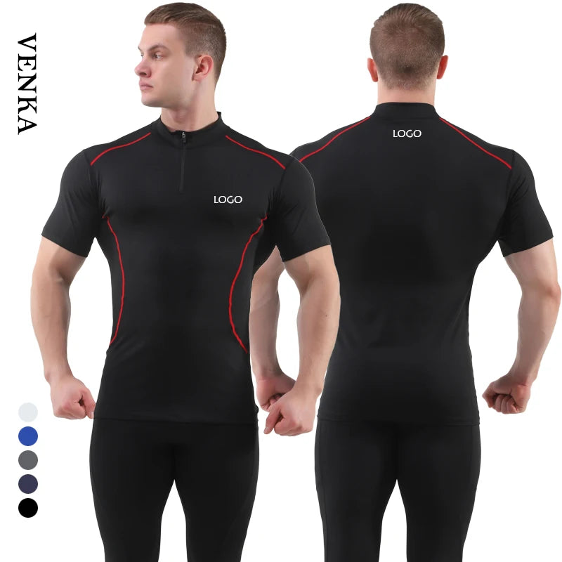 Men Fitness Clothing Stand Collar Half Zipper Solid Color Tops Breathable Jogging Tight Elastic Quick Dry Men Training T-Shirt