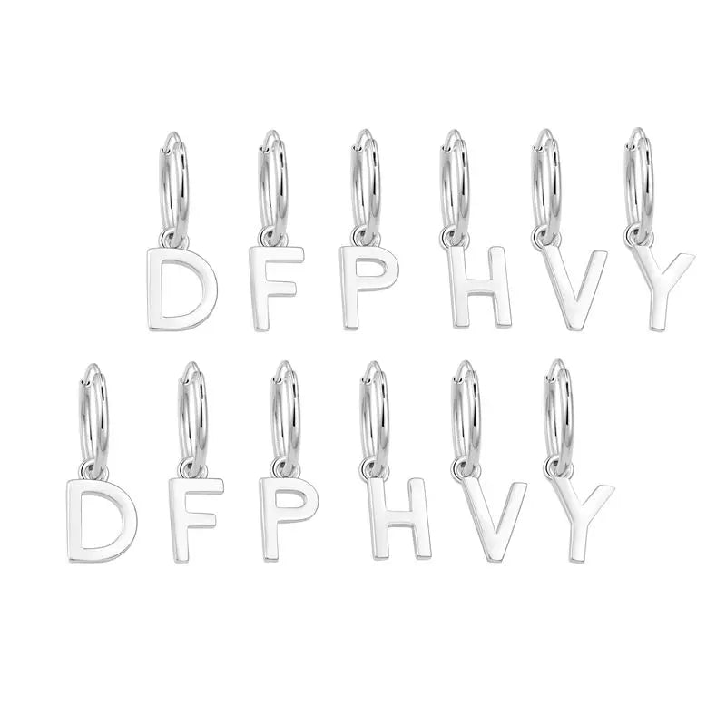 Real 925 Sterling Silver Rhodium Plated Diy A-Z Letter Hoop Drop Earrings 925 Silver 26 English Letter H Initial Earring