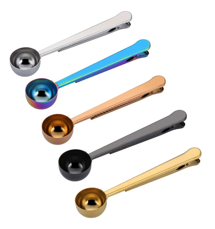 2 In1 Stainless Steel Coffee Spoon Scoop Clip  with Sealing Bag Clip for Coffee Bean Ground Coffee Protein Powder