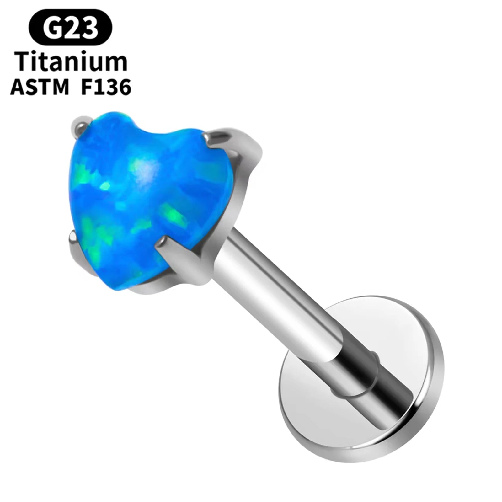 G23 Titanium Ear Studs 16G Heart Style Blue Opal Plug in Earrings Stud Labret Lip Helix Tragus Cartilage Women Piercing Jewelry