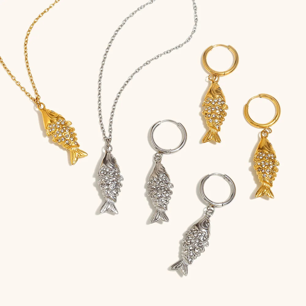 Personalized Creative 18K Gold Plated Koi Shaped Zircon Stainless Steel Necklace Earring Jewelry Set