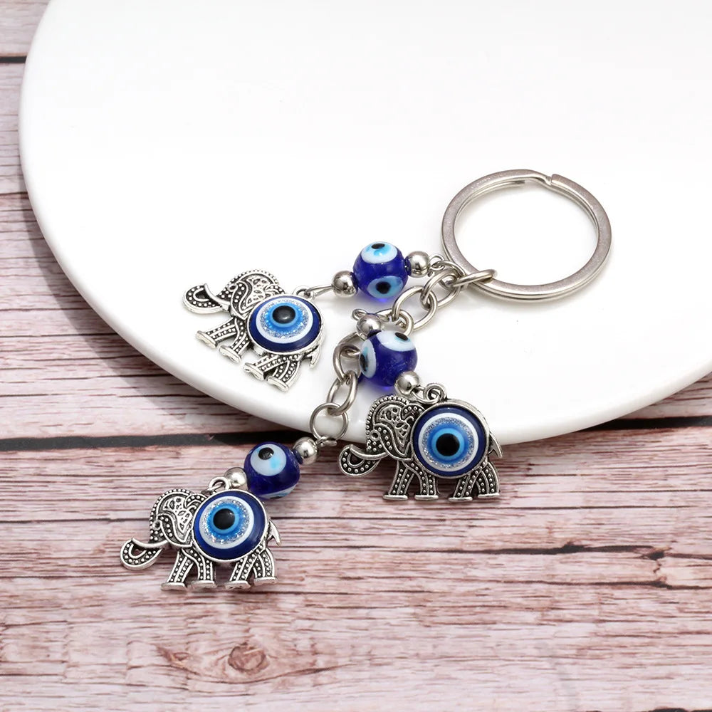 Wholesale Charm Antique Silver Plated Elephant Pendant Blue Turkish Evil Eye Keychain Accessories for Bag Key